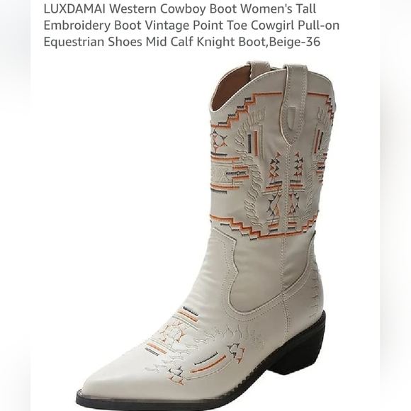Western Embroidered Cream Cowboy Cowgirl Boots Mid Calf Women's EU 39 US 8.5 - Picture 11 of 12